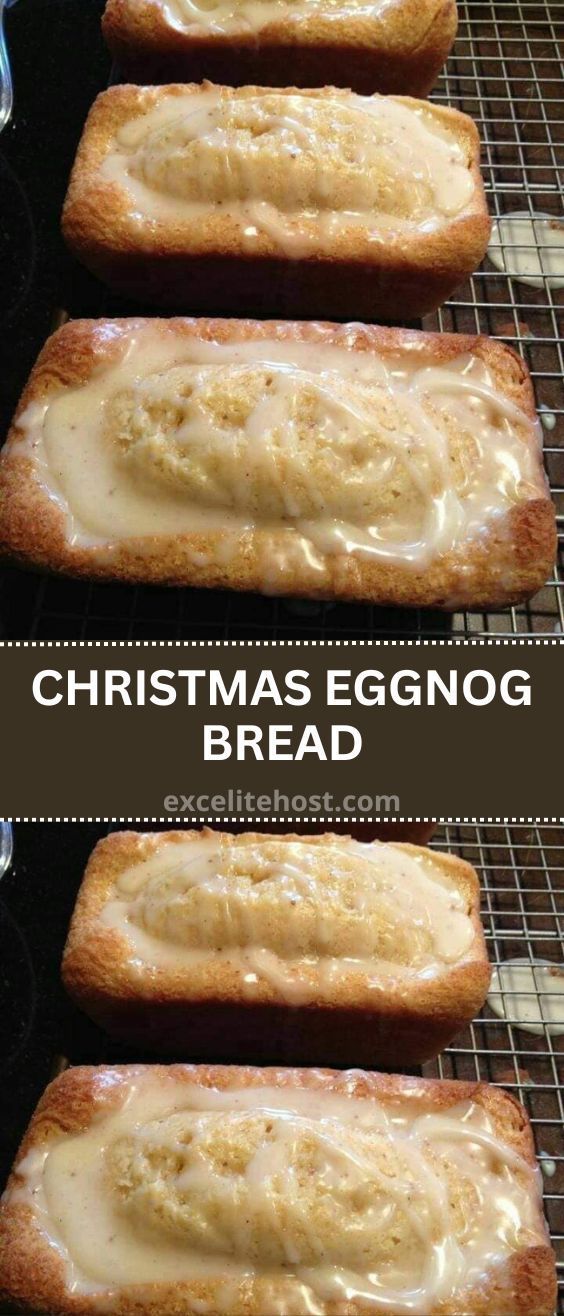 christmas eggnog bread is cooling on a wire rack and then covered with icing