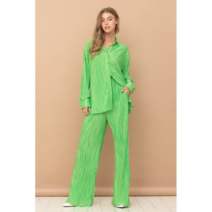 Boogie on down in our Accordion Mini Pleat-covered Button Up Blouse & Long Pant Lounge Set! Perk up your leisure wardrobe with this funky two-piece set - perfect for loungin' around! Free shipping Estimated Delivery: 3-5 Business Days TopLength - S: 27" M: 27.5" L: 28"Bust: - S: 21.5" M: 22" L: 22.5"Sleeve - S: 21" M: 21.5" L: 22"BottomWaist - S: 12.5" M: 23" L: 23.5"Rise - S: 14" M: 14.25" L: 14.5"Inseam - S" 30" M: 30.5" L: 31" Made In: CHINAFabric Contents: 100% Polyester Stretch fabricNon-sh