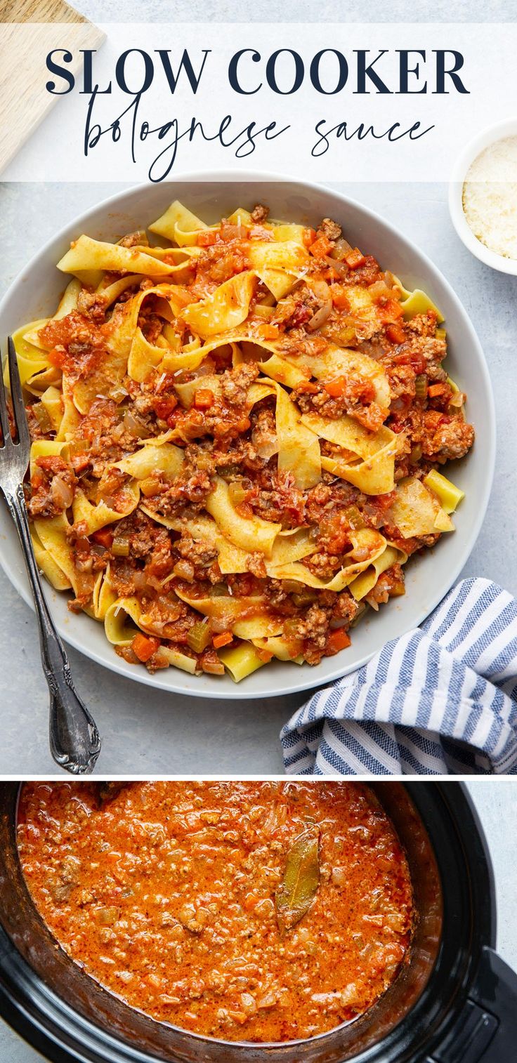 the slow cooker is full of pasta and meat