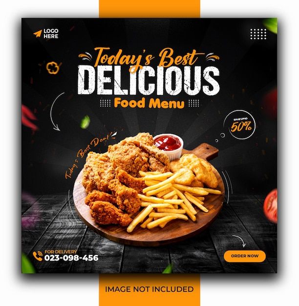 a restaurant menu with chicken and french fries on the side, in front of a black background