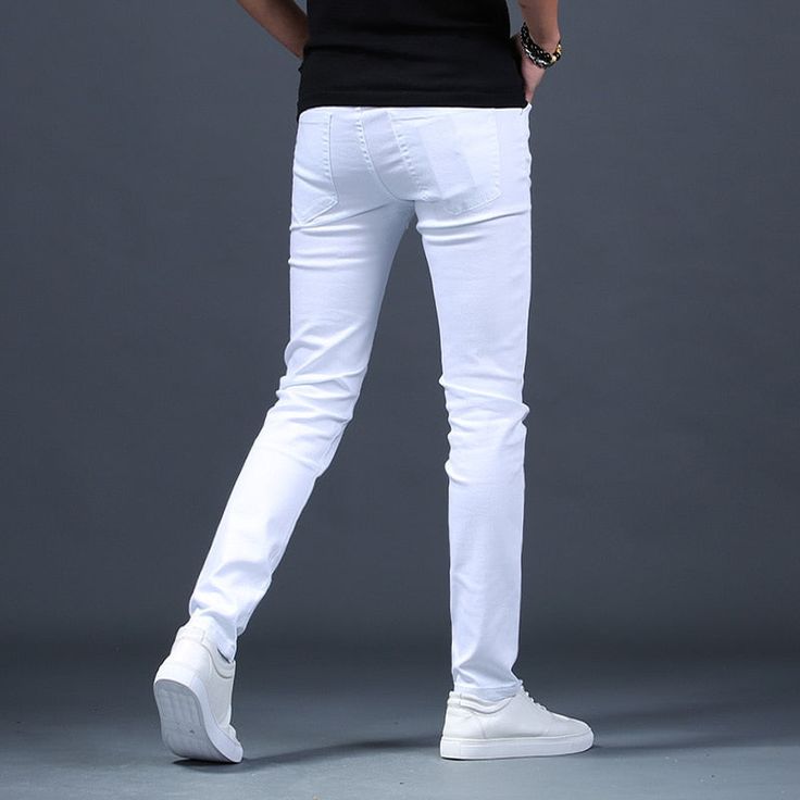 Trendy Stretch Cotton Jeans, Slim Fit Cotton Pants For Summer, White Slim Fit Bottoms For Summer, Slim Stretch Cotton Bottoms, White Cotton Bottoms For Spring, White Stretch Jeans For Spring, Spring White Stretch Jeans, White Jeans With Five Pockets For Spring, White Five Pocket Jeans For Spring