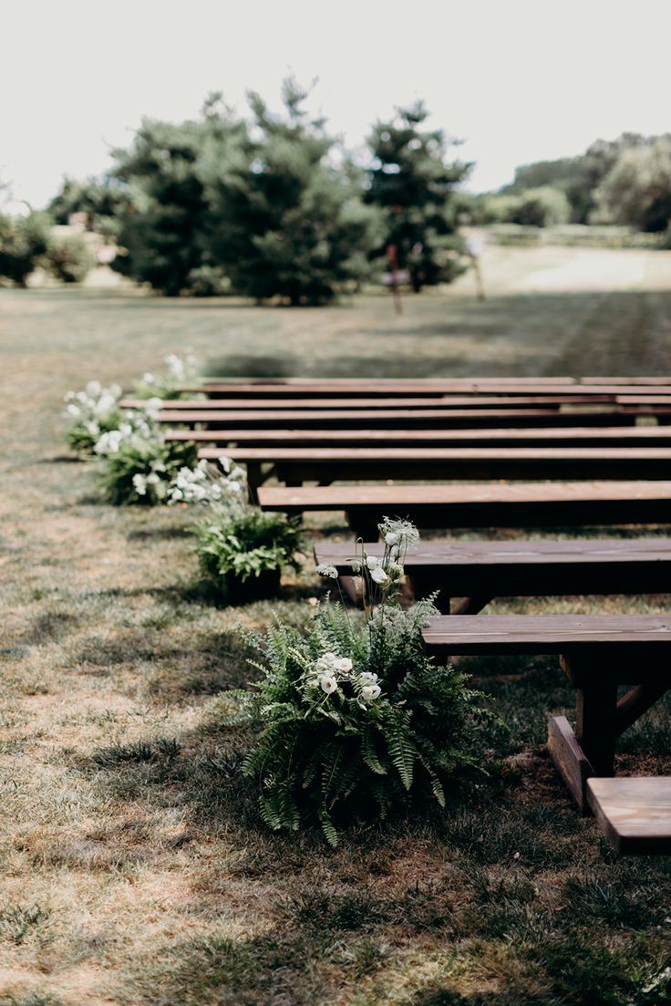 rows of wooden benches sitting on top of a grass covered field