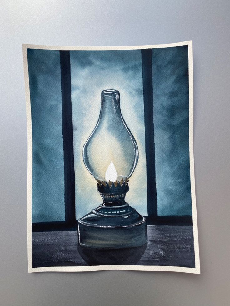 Lamp on the blue background painted with watercolors Lamp Watercolor, Dramatic Lighting, Oil Lamp, Oil Lamps, Watercolor Painting, All The Colors, Watercolor Paintings, Arts And Crafts, Paintings