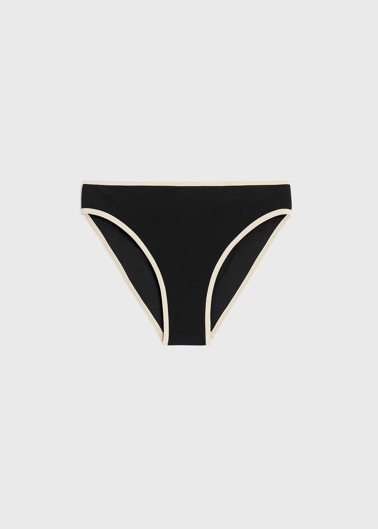 Minimalist bikini bottoms inspired by the contrasting stripes on TOTEME's Centered monogram silk scarf. They're made from fully lined stretch jersey to a mid-waisted, medium-legged silhouette with contrasting edges. Wear them with the coordinating bikini top or mix and match with the opposite color combination. Black Sporty Swimwear With Contrast Trim, Sporty Black Swimwear With Contrast Trim, Black Beach Swimwear With Contrast Trim, Black Swimwear With Contrast Trim For Beachwear, Black Beachwear Swimwear With Contrast Trim, Black Swimwear With Contrast Trim For Summer, Stretch Swimwear With Contrast Trim For Poolside, Chic Black Bottoms With Contrast Stripes, Modern Black Swimwear