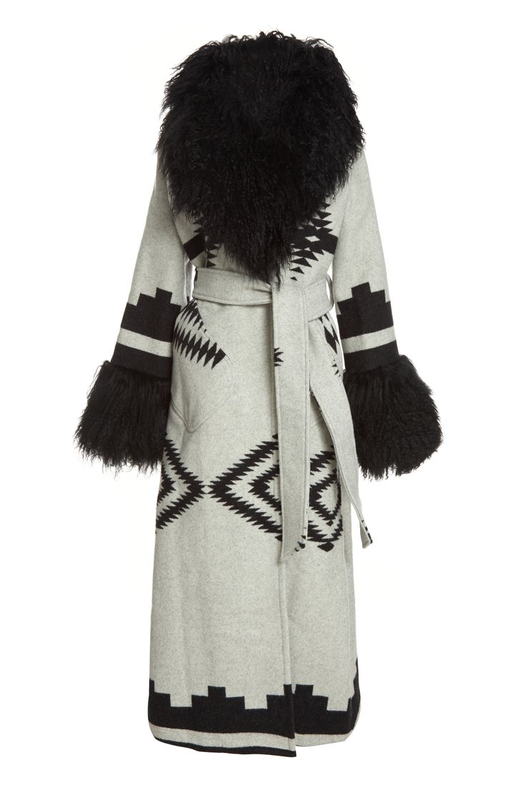 Allow 2 - 3 business days to ship Full length unlined duster with a fur-lined hood, fur cuffs, lined raglan sleeves, waist tie belt with loops and lined patch pockets Body of duster is made from Pendleton's Los Ojos Blanket. Napped Pendleton blankets: 82% Wool, 18% Cotton. Wool Cashmere facings and Silk Rayon peachskin lining. Black Mongolian Fur is a shaggy long hair Mongolian sheep shearling. Spanish crosses, diamond-shaped "eyes" (ojos) and the symbols of the Navajo Four Mountains of Creation Pendleton Blankets, Native Culture, Shaggy Long Hair, The Riddler, Mongolian Fur, Mongolian Lamb, Pendleton Blanket, Fur Cuffs, Sweat Dress