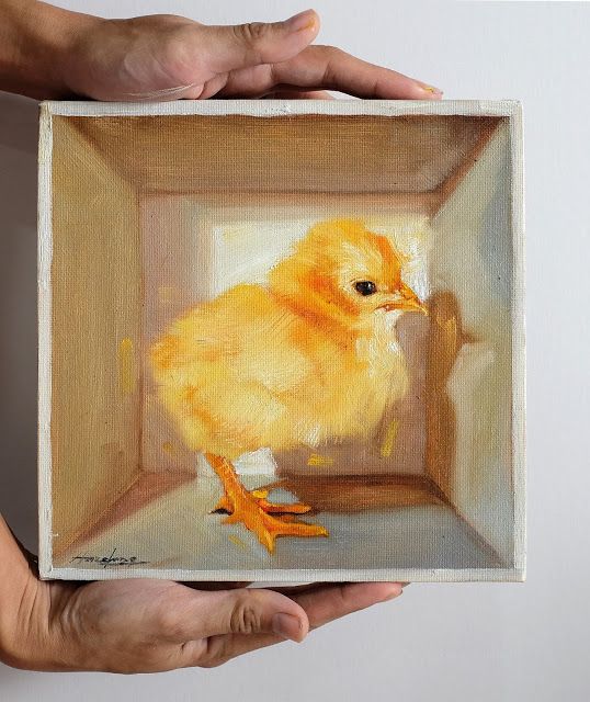 a painting of a chicken in a box being held by someone's outstretched hands