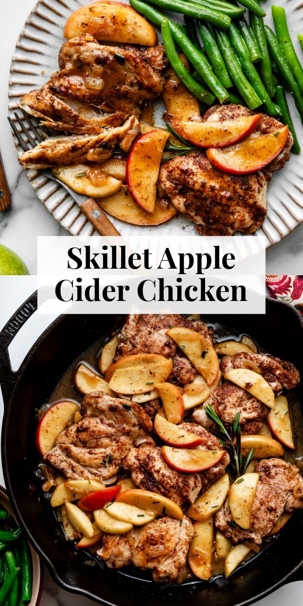 skillet apple cider chicken with green beans and asparagus on the side