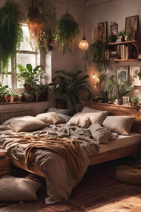 a bed with lots of pillows and plants on the wall next to it in a bedroom