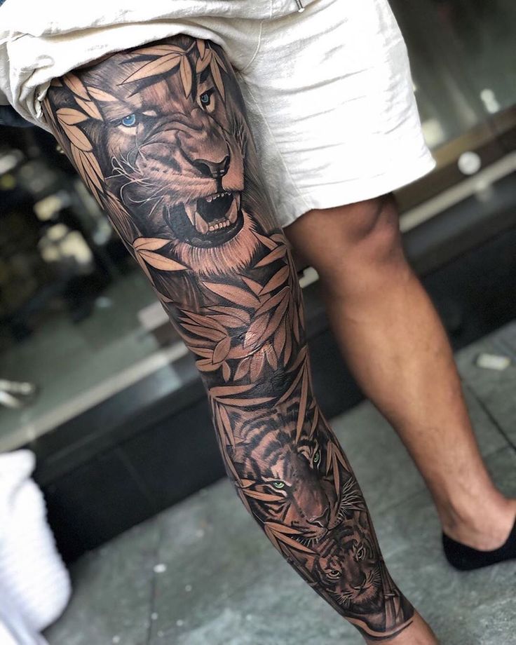 a man's leg with a tiger tattoo on it