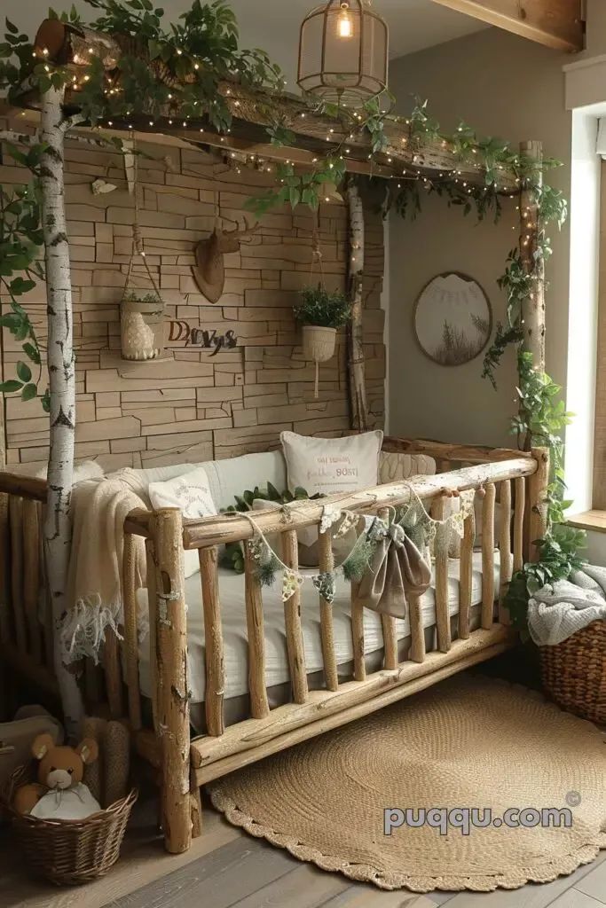 a baby crib in the corner of a room next to a window with lights on it