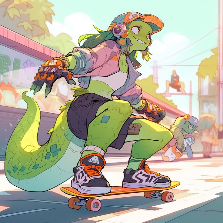 a person riding a skateboard on top of a street next to a green snake