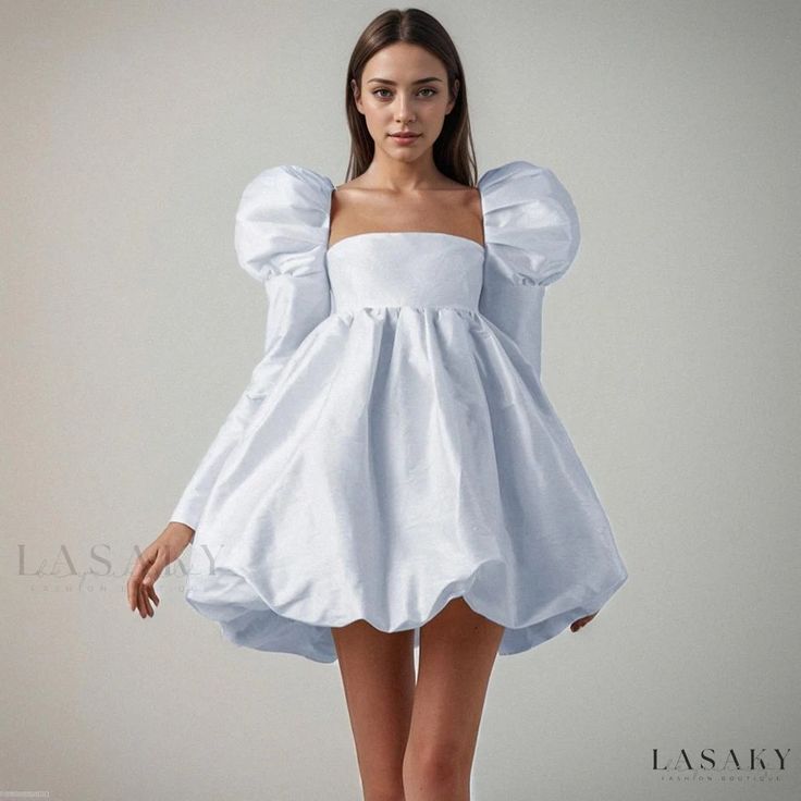 Lasaky - Palatial Satin Princess Dress with Puffy Sleeves and Square Neckline - Formal Wear with Long Sleeves and a Regal Touch Satin Princess Dress, Dress With Puffed Sleeves, Girly Dresses, Short Prom Dress, Mini Dresses For Women, Short Prom, Prom Dresses Ball Gown, Ball Gown Dresses, Puffed Sleeves