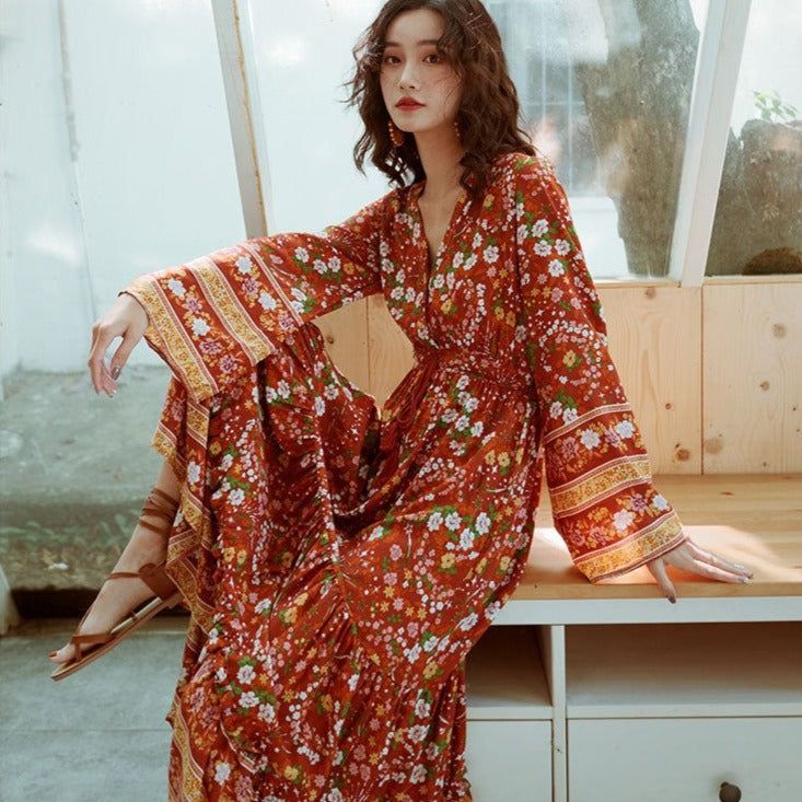 Bohemian Floral Print Maxi Dress Eclectic floral prints Rust Orange Color with Flare Hem Cotton Maxi Dress Perfect Look New Dress Collection, Long Sleeve Summer Dress, Bohemian Summer Dresses, Pretty Summer Dresses, Cotton Maxi Dress, Bohemian Maxi Dress, Bohemian Floral, Floral Print Maxi Dress, Floral Print Maxi