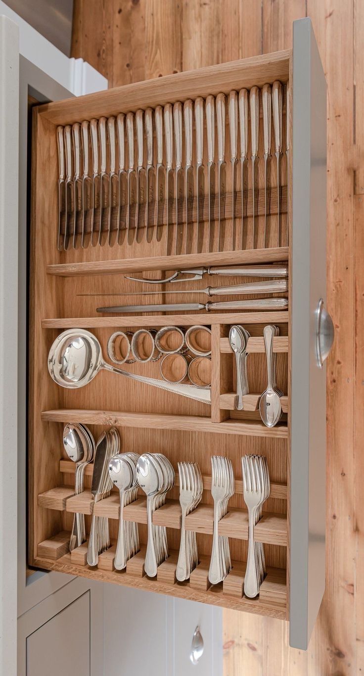 a wooden cabinet filled with lots of silverware