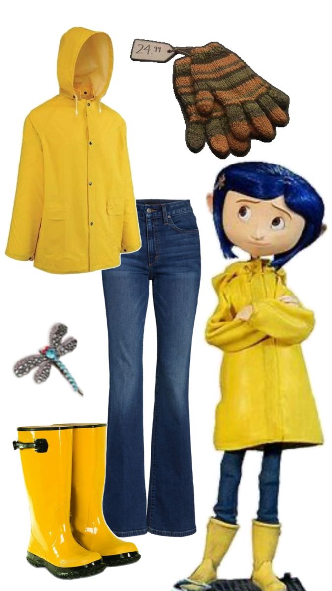 a woman in yellow raincoat and boots standing next to a pair of blue jeans