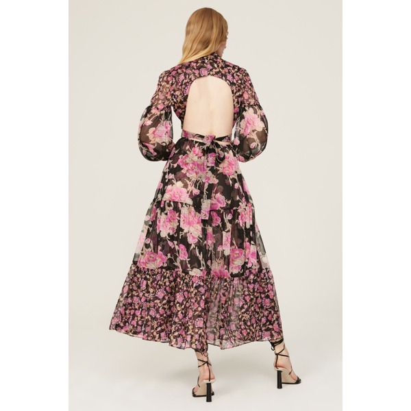 Pink floral chiffon (100% Polyester). Hourglass. Long sleeves. Mock neck. Pull on. 53.5" from shoulder to hemline. Made in the USA of imported fabric. Chic Floral Print Chiffon Dress For Spring, Feminine Chiffon Dress For Spring Date Night, Chic Fitted Floral Print Chiffon Dress, Fitted Floral Print Midi Chiffon Dress, Fitted Floral Print Chiffon Midi Dress, Chic Floral Print Chiffon Dress For Brunch, Summer Floral Print Chiffon Cocktail Dress, Spring Chiffon Dress With Floral Print For Casual Wear, Chic Floral Chiffon Dress For Brunch