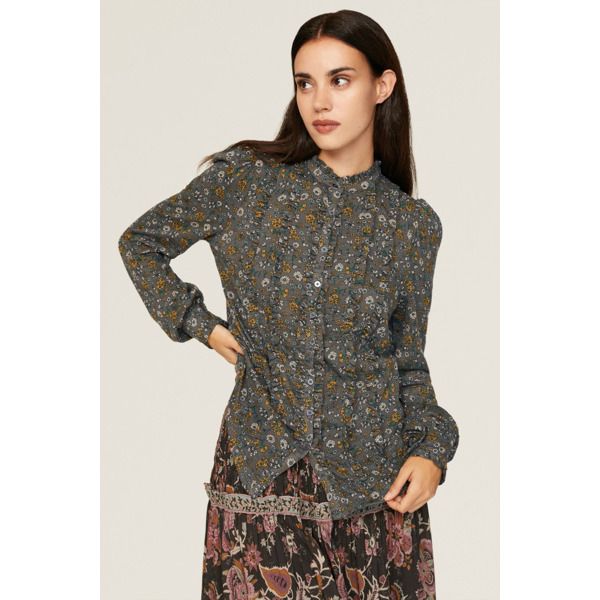 Gray floral jersey (50% Cotton 50% Tencel™ Modal). Top. Long sleeves. Mock neck. Front button closure. 26" from shoulder to hemline. Imported. Patterned Floral Print Tops For Fall, Floral Print Patterned Tops For Fall, Collared Floral Print Patterned Tops, Floral Print Tops For Fall, Casual Ditsy Floral Print Blouse For Daywear, Fall Printed Collared Tops, Fall Collared Printed Tops, Fall Floral Print Patterned Shirt, Fall Patterned Blouse With Button Closure