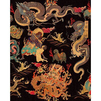 This stunning Asian-style wallpaper is depicting several hand-colored dragons and monsters inspired by the famous Tibetan murals and tapestries. This design is created on 3 rolls for maximizing the pattern repetition. The design is printed over 3 rolls. MINDTHEGAP The Gentleman's Corner Dragons Of Tibet 9.83' L x 20.5" W Smooth Texture Wallpaper Roll in Black/Gray/Red | Size 20.5 W in | Perigold Tibet Wallpaper, Mind The Gap, The Wallpaper, Burke Decor, Textured Wallpaper, Traditional Wallpaper, Wallpaper Roll, Of Wallpaper, The Gap