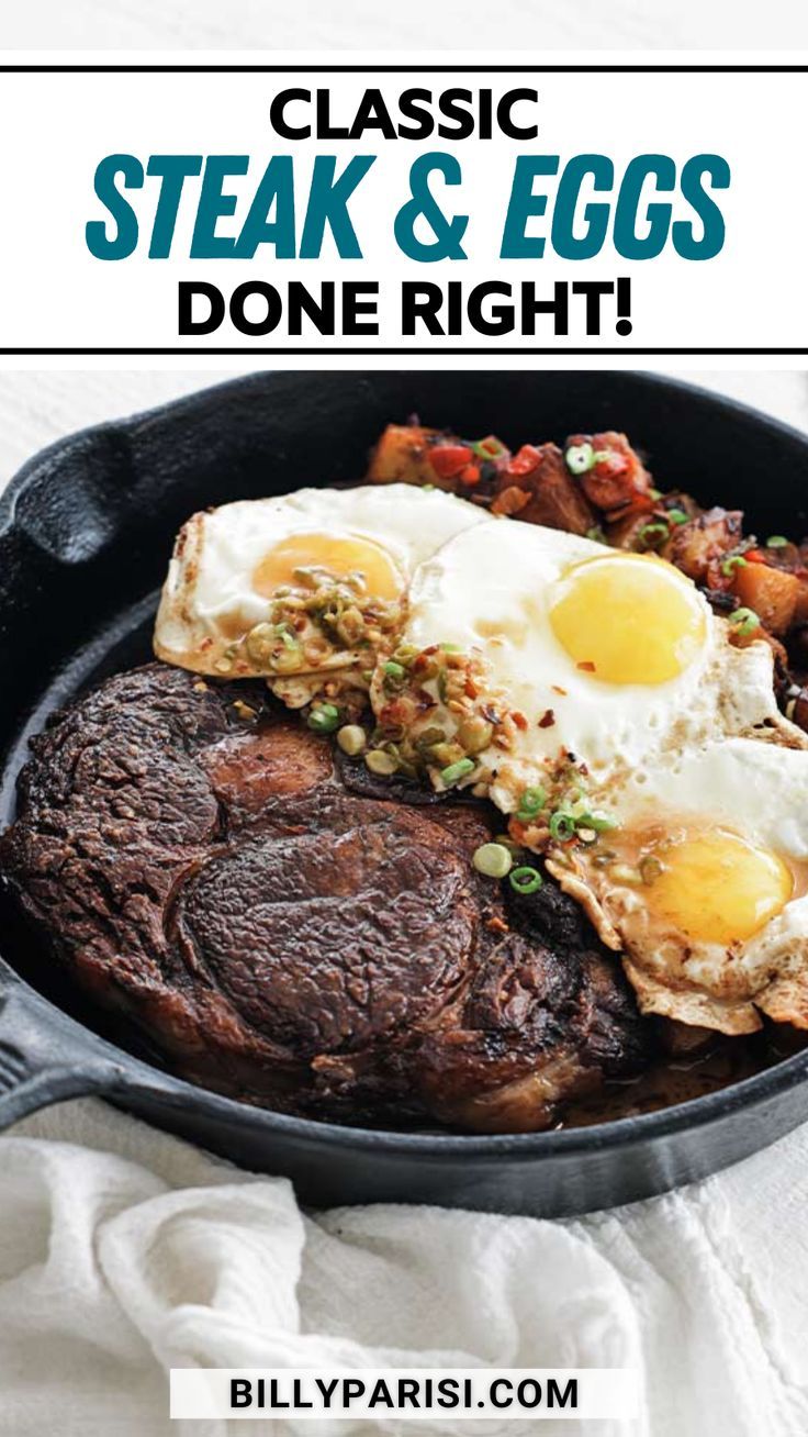 steak and eggs in a cast iron skillet with text overlay reading classic steak & eggs done right