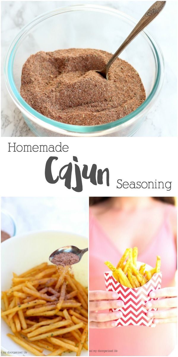 homemade cajun seasoning recipe in a glass bowl and on a plate with french fries