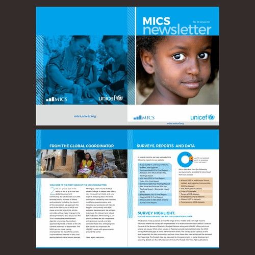 a blue and white brochure with an image of a child