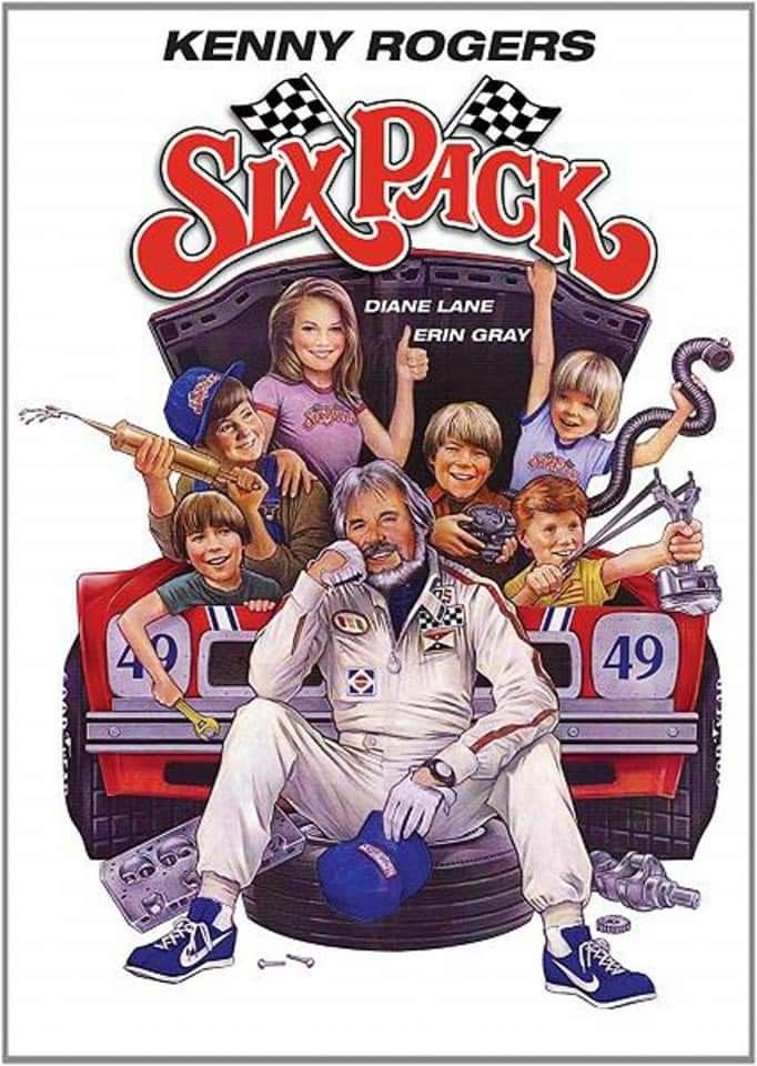 the movie poster for six pack featuring an older man sitting on top of a car