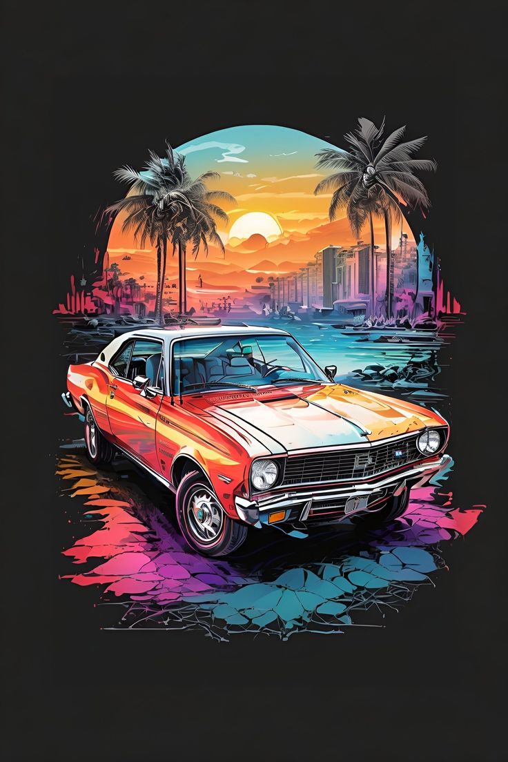 Prompt details: graphic design t-shirt, flat design , car, Miami street, colorful hues, highly detailed clean, vector image, photorealistic masterpiece, professional photography, realistic car, simple sunrise background for the car, flat black background, isometric, bright vector((black background)) Miami Street, Car Advertising Design, Car Prints, Cool Car Drawings, Car Organization, Aesthetic Car, Dog Fashion, Interior Car, Car Artwork