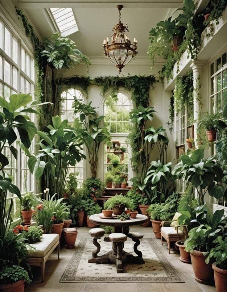 a room filled with lots of potted plants next to a chandelier hanging from the ceiling