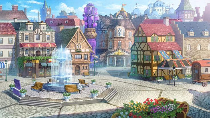 an animated city with lots of buildings and flowers in the foreground, including a fountain