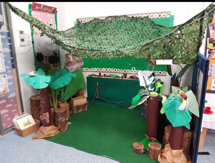 an office cubicle decorated in green and brown with paper umbrellas on the ceiling