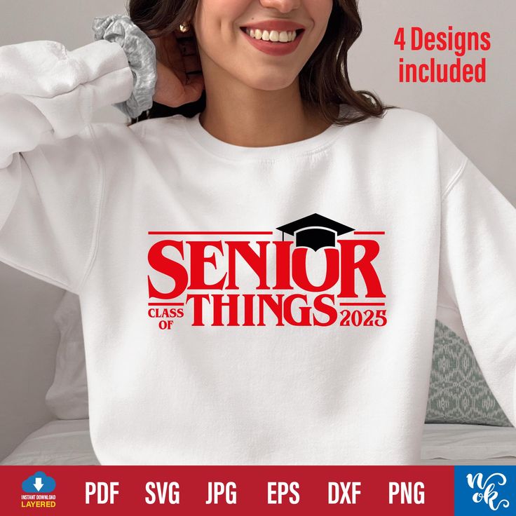 a woman wearing a white shirt with the words senior things on it and a graduation cap