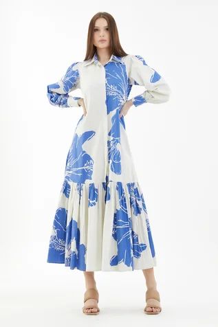 Shop for KoAi Blue Floral Pattern Dress for Women Online at Aza Fashions Shirt Collar Pattern, Blue Colour Dress, Tier Dress, Pattern Dress Women, Floral Pattern Dress, Kurta Designs Women, Pattern Dress, Collar Pattern, Kurta Designs