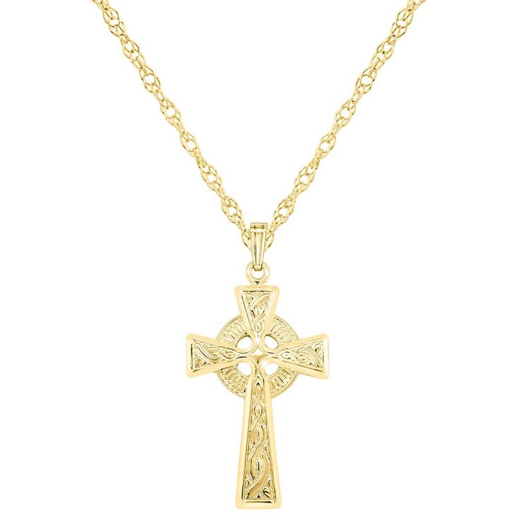 "Complete your look with the timeless style of this sterling silver Celtic cross pendant. Complete your look with the timeless style of this sterling silver Celtic cross pendant. Pendant size: 1 3/8""L x 3/4""W Chain length: 18 in. Chain type: rope Clasp: spring-ring Metal: sterling silver Finish: polished Packaging: boxed Please note, due to the high value of this item, a signature may be required upon delivery. Size: 18"". Color: Yellow. Gender: female. Age Group: adult. Material: Gold Over St Dresses Casual Winter, Celtic Cross, Cross Jewelry, Metal Rings, Spring Rings, Cross Pendant, Timeless Style, Cross Necklace, Jewelry Necklace Pendant