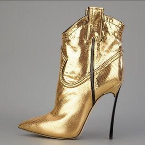 Golden Boots, Stiletto Heel Boots, Golden Fashion, Stiletto Ankle Boots, Pencil Heels, Rhinestone Cowgirl, Work Music, Ostrich Boots, Boots Patterns