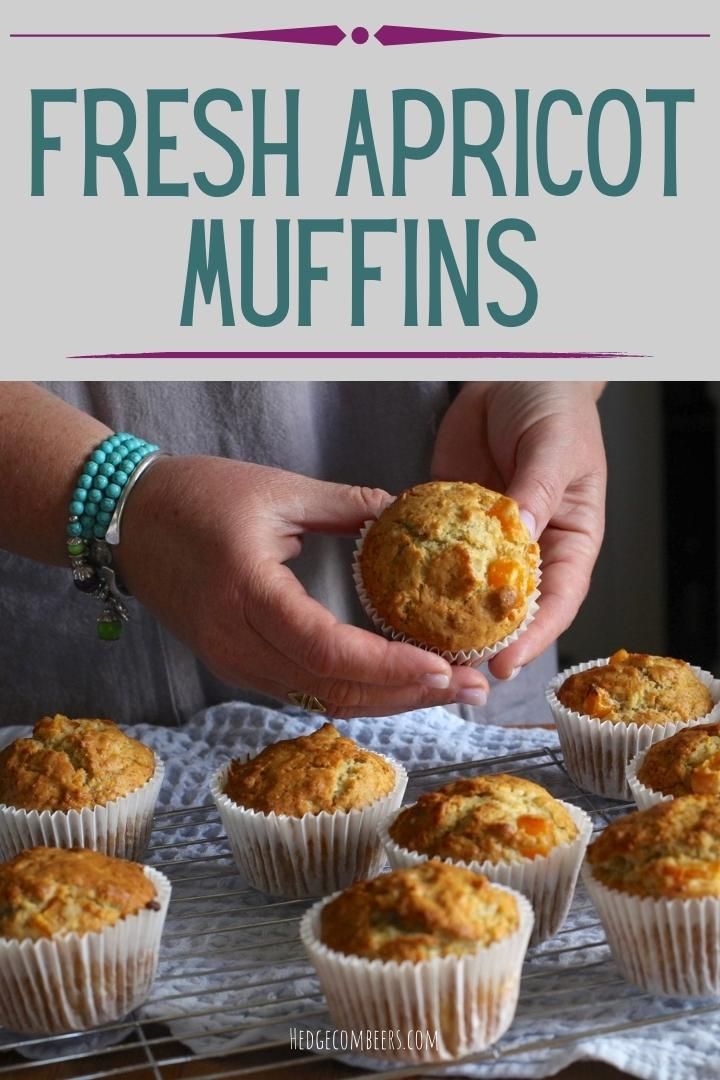 fresh apricot muffins on a cooling rack with text overlay that says fresh apricot muffins