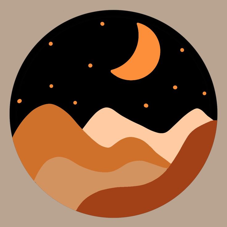 an orange and black circle with the moon in it's center surrounded by mountains