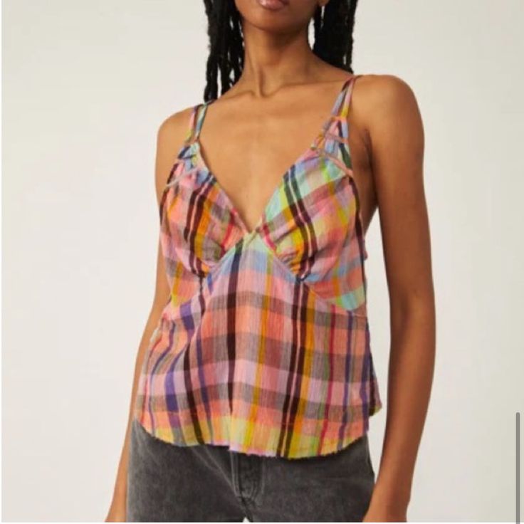 Free People Rainbow Plaid Halter Tank Top. New Without Tags! Totally Timeless In A Halter-Style Silhouette, This Perfectly Plaid Top Features A V-Neckline And Super Exposed Back For Added Dimension. Free People Tank Top, Plaid Crop Top, Cotton Crop Top, Halter Tank Top, Plaid Top, Tunic Tank Tops, Cropped Cami, Cami Crop Top, Tank Top Camisole