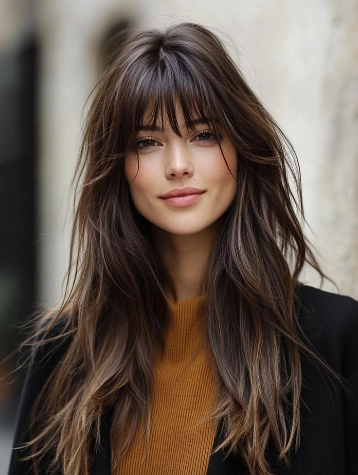 Stylish Long Layers with Curtain Bangs: Effortless Elegance for Every Face Shape Versatile Curtain Bangs, Haircut Long With Bangs, Square Face Hairstyles With Bangs, Curtain Long Hair, Long Layer Haircut With Bangs, Haircut Long Hair With Bangs, Hair For Oblong Face Shape, Trendy Haircuts For Long Hair Bangs, Haircuts For Oval Shaped Face Long