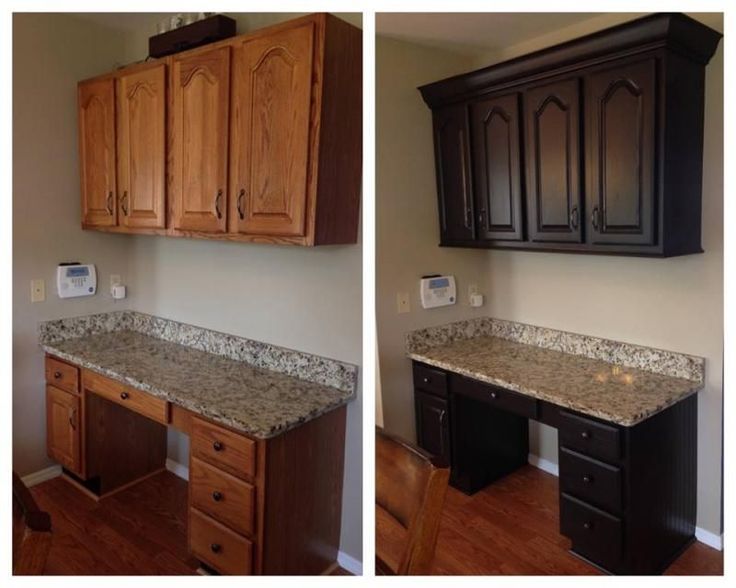 two pictures of the same kitchen countertop and cabinets in different stages of being remodeled