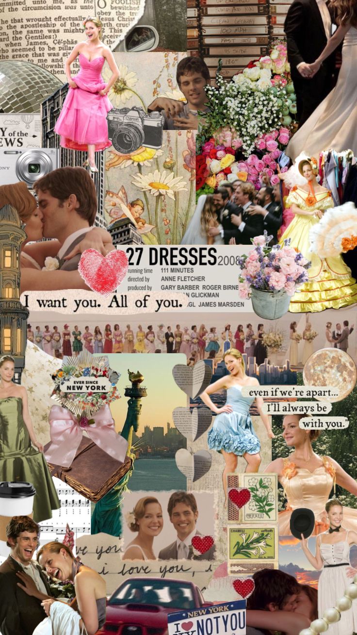 the collage has many different pictures and words on it, including people in dresses