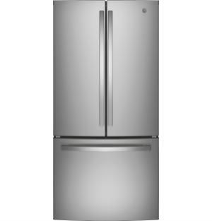 a silver refrigerator freezer sitting on top of a white wall