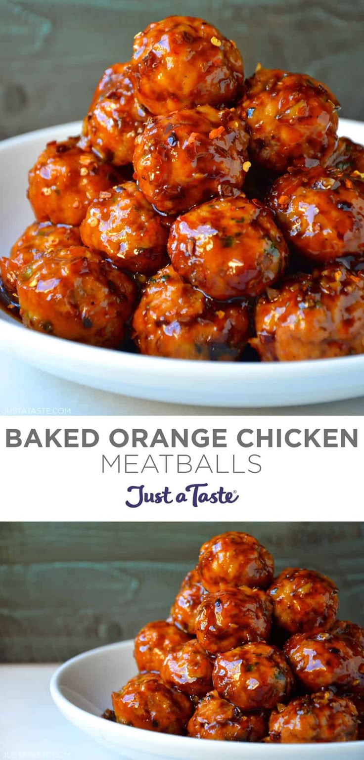 baked orange chicken meatballs in a white bowl with the words just taste above it