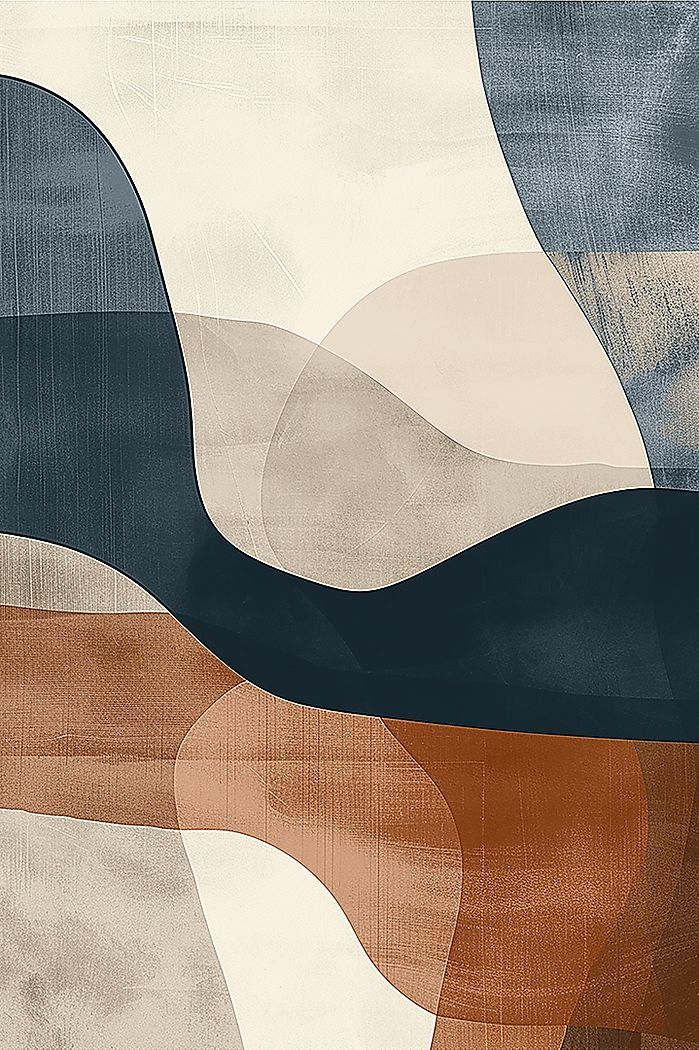 an abstract painting with blue, brown and white colors on it's surface is shown