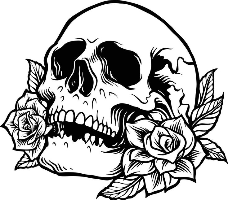 a black and white drawing of a skull with roses