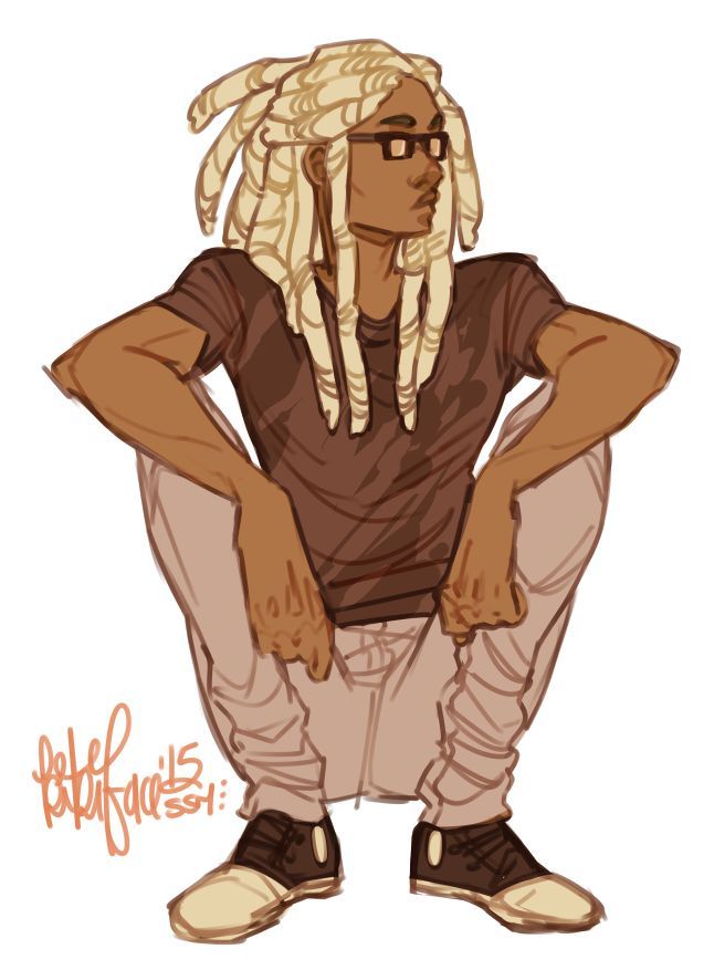 a drawing of a man with dreadlocks sitting on the ground wearing glasses and a t - shirt