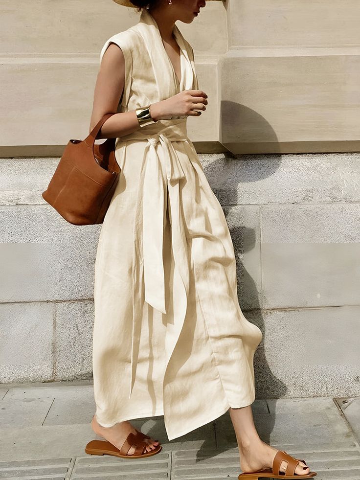 Cotton & Linen Belted Sleeveless Long Dress Linen Resort Wear, Linen Design, Home Vacation, Sleeveless Long Dress, Fashionable Outfits, Belt Style, Y2k Outfits, Chic Outfit, Lake Como