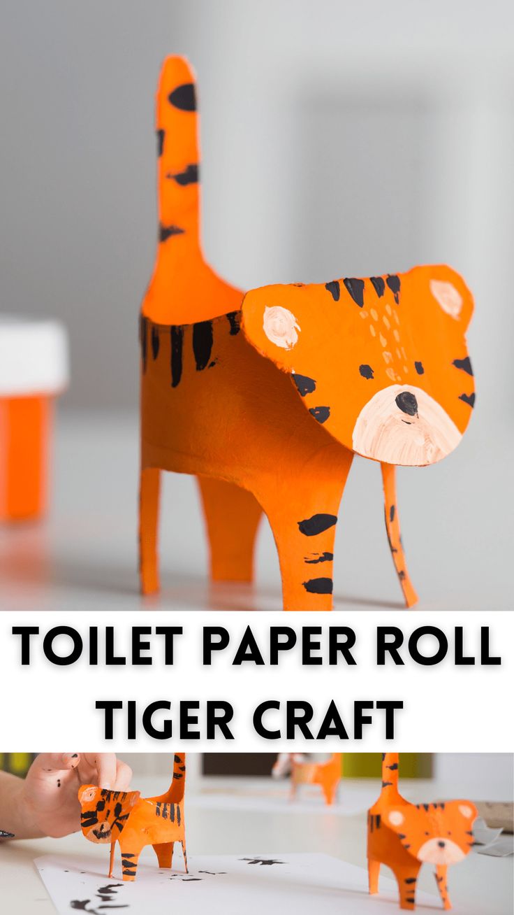 the toilet paper roll tiger craft is made from construction paper and has an animal on it