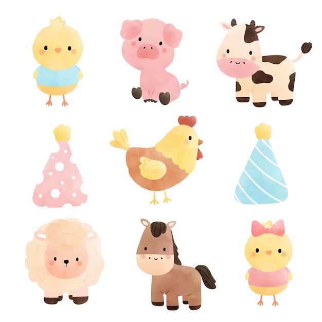 a bunch of farm animals are shown on a white background