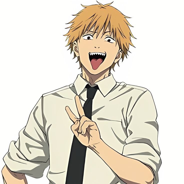 an anime man with blonde hair and tie making the v sign while wearing a white shirt and black tie