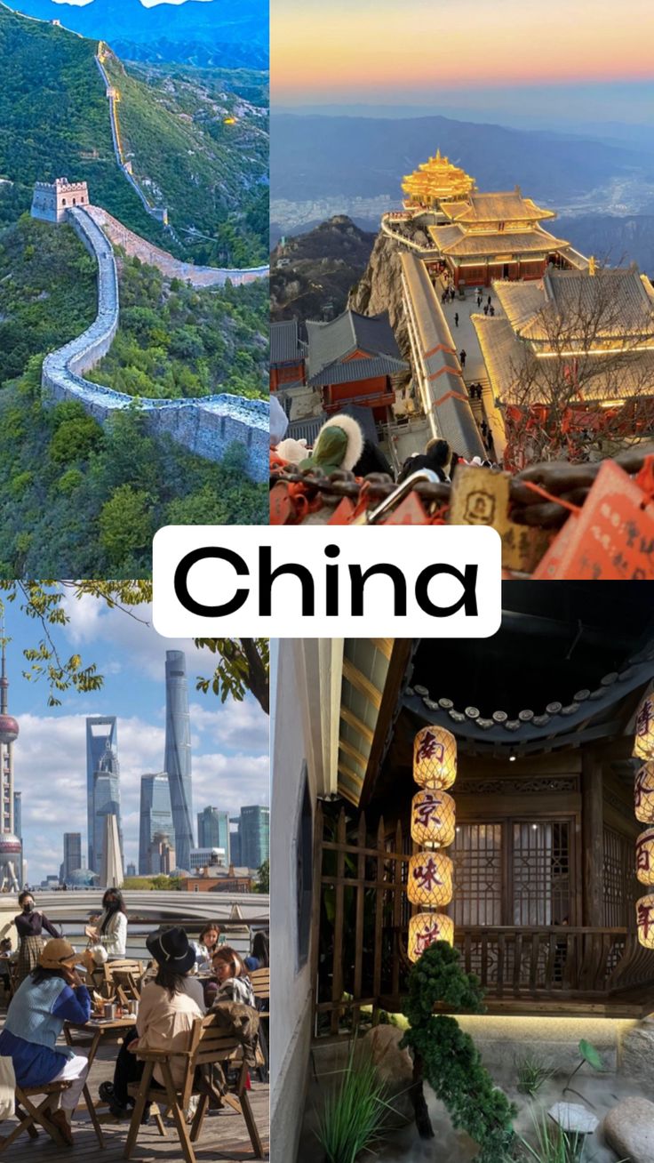 the collage shows different views of china including mountains, buildings and people sitting at tables